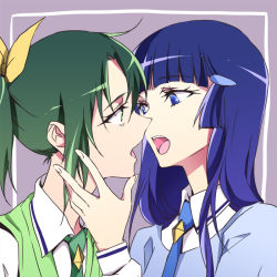 Rule 34 | 10s, 2girls, aoki reika, bad id, blue eyes, eye contact, green eyes, green hair, imminent kiss, long hair, looking at another, midorikawa nao, multiple girls, necktie, negom, open mouth, ponytail, precure, purple hair, school uniform, short hair, smile precure!, yuri