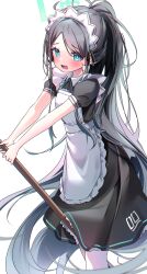 Rule 34 | 1girl, absurdres, aris (blue archive), aris (maid) (blue archive), black hair, blue archive, blue eyes, blush, embarrassed, highres, maid, nyaruin, open mouth, short sleeves, simple background, solo, thighhighs, white thighhighs