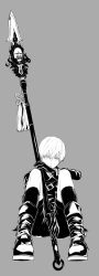 Rule 34 | 1boy, bad id, bad pixiv id, boots, gloves, grey background, greyscale, holding, holding spear, holding weapon, male focus, monochrome, mz, nier (series), nier:automata, parted lips, polearm, shorts, simple background, sitting, socks, solo, spear, weapon, 9s (nier:automata)