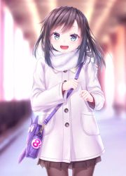 Rule 34 | 1girl, alternate costume, asashio (kancolle), bag, black hair, black skirt, blue eyes, brown pantyhose, coat, commentary request, cowboy shot, gotou hisashi, kantai collection, long hair, looking at viewer, outdoors, pantyhose, pleated skirt, scarf, shoulder bag, skirt, smile, solo, standing, white coat, white scarf
