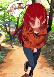 Rule 34 | 2girls, ahoge, blush, breasts, cleavage, grey hair, have to pee, highres, jacket, medium breasts, multiple girls, one eye closed, open mouth, original, outdoors, pants, red hair, shoes, side ponytail, some1else45, sweat, thought bubble, tree, trembling, water, yoga pants