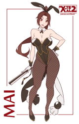 Rule 34 | 1girl, animal ears, bare shoulders, breasts, brown eyes, brown hair, rabbit ears, character name, cleavage, folded fan, contrapposto, detached collar, fake animal ears, hand fan, fatal fury, female focus, fishnet pantyhose, fishnets, flat color, folding fan, full body, gloves, hand on own hip, large breasts, leotard, looking at viewer, matching hair/eyes, open mouth, pantyhose, playboy bunny, ponytail, shiranui mai, solo, standing, the king of fighters, watermark, web address, white background, wrist cuffs, x-t3al