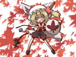 Rule 34 | 1girl, adapted costume, animal ears, blonde hair, cosplay, crystal, detached sleeves, fang, female focus, flandre scarlet, hair ribbon, hat, inubashiri momiji, inubashiri momiji (cosplay), kourindou tengu costume, kuropata, laevatein, leaf, maple leaf, open mouth, red eyes, ribbon, shield, short hair, shorts, side ponytail, solo, touhou, weapon, wings, wolf ears
