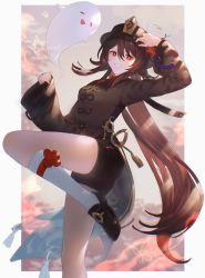 Rule 34 | 1girl, :d, black footwear, black hat, border, breasts, bright pupils, brown hair, bug, butterfly, collared coat, commentary, flower, flower-shaped pupils, foot out of frame, genshin impact, ghost, gold trim, gradient sky, grin, hat, hat flower, highres, hu tao (genshin impact), insect, jewelry, kneehighs, leg up, loafers, long hair, looking at viewer, medium breasts, multiple rings, open mouth, outdoors, plum blossoms, ponytail, porkpie hat, red eyes, red flower, ring, shoes, sidelocks, signature, sky, sleeves past wrists, smile, socks, solo, symbol-shaped pupils, very long hair, white pupils, white socks, yct (yoct o), | |