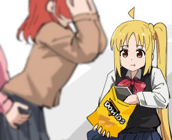 Rule 34 | 3girls, ahoge, black vest, blurry, bocchi the rock!, covering face, depth of field, doritos, dry humping, eating, gotoh hitori, hand on another&#039;s hip, highres, humping, ijichi nijika, kita ikuyo, looking at another, multiple girls, photo-referenced, pleated skirt, school uniform, side ponytail, simple background, skirt, solo focus, tenten (chan4545), vest, watching, white background, yuri