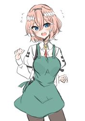 Rule 34 | 1girl, alternate costume, apron, blue eyes, blush, breasts, commentary, contrapposto, flying sweatdrops, green apron, hair between eyes, head wings, highres, hololive, long sleeves, looking at viewer, medium breasts, medium hair, open mouth, pink hair, round teeth, shirt, sketch, solo, takane lui, tamaki shichishiki, teeth, upper teeth only, virtual youtuber, white shirt, wings