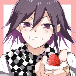 Rule 34 | 1boy, blush, checkered clothes, checkered neckwear, checkered scarf, colored inner hair, danganronpa (series), danganronpa v3: killing harmony, food, food on hand, fruit, grey jacket, grin, hair between eyes, jacket, looking at viewer, male focus, multicolored hair, oma kokichi, pink background, portrait, purple hair, scarf, smile, solo, strawberry, sumika (rrz03), white background