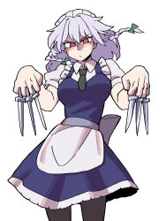 Rule 34 | 1girl, absurdres, bow, braid, closed mouth, commentary, cowboy shot, eddybird55555, english commentary, green bow, grey hair, hair bow, highres, holding, holding knife, izayoi sakuya, knife, looking at viewer, maid, maid headdress, red eyes, ringed eyes, short hair, side braids, simple background, standing, touhou, twin braids, white background