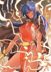 Rule 34 | 1girl, arshes nei, bastard!!, blue eyes, blue hair, breasts, cape, cowboy shot, dark-skinned female, dark skin, electricity, electrokinesis, long hair, looking at viewer, matching hair/eyes, pointy ears, sideboob, silversnow, solo, sword, thighs, tunic, weapon