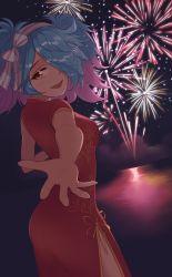 Rule 34 | 1girl, absurdres, ass, awan0918, blue hair, breasts, china dress, chinese clothes, dress, fire emblem, fireworks, hair over one eye, highres, looking at viewer, medium breasts, multicolored hair, nintendo, outstretched arm, peri (fire emblem), pink eyes, pink hair, short hair, side slit, smile, sol, solo