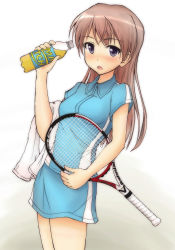Rule 34 | 00s, 1girl, blonde hair, blue eyes, blush, eila ilmatar juutilainen, hanyu, long hair, match (drink), product placement, racket, solo, sportswear, strike witches, tennis racket, tennis uniform, towel, world witches series