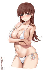 Rule 34 | 1girl, arms under breasts, bare shoulders, bikini, blush, breast hold, breasts, brown eyes, brown hair, cleavage, closed mouth, collarbone, cowboy shot, cropped legs, crossed arms, ebifurya, highres, kantai collection, large breasts, long hair, looking at viewer, navel, one-hour drawing challenge, ooi (kancolle), side-tie bikini bottom, simple background, solo, stomach, swimsuit, thighs, twitter username, white background, white bikini