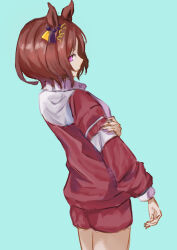 Rule 34 | 1girl, animal ears, artistic error, blue background, brown hair, commentary request, e nnihql, from side, gym uniform, highres, horse ears, horse girl, jacket, looking at viewer, looking to the side, no tail, pink eyes, red jacket, red shorts, red track suit, sakura laurel (umamusume), short hair, shorts, simple background, solo, tracen training uniform, umamusume