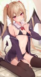Rule 34 | 1girl, absurdres, ahoge, bare shoulders, bikini, bikini under clothes, black bikini, black footwear, blush, bow, breasts, brown hair, brown thighhighs, commentary request, demon girl, demon tail, demon wings, frills, grey wings, hair between eyes, hair bobbles, hair ornament, hand on own thigh, hand up, highres, jacket, long hair, long sleeves, looking at viewer, navel, off shoulder, open clothes, open jacket, original, parted lips, pointy ears, purple jacket, racchi., red bow, red eyes, shoes, sidelocks, sitting, small breasts, solo, swimsuit, tail, thighhighs, twintails, very long hair, wariza, wings