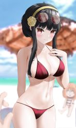 Rule 34 | 1boy, 2girls, absurdres, anya (spy x family), arm behind back, bare shoulders, beach, beach umbrella, bikini, black hair, blue sky, blurry, blurry background, blush, breasts, child, cleavage, cloud, collarbone, cowboy shot, dokimaru, eyewear on head, family, flower, furrowed brow, gold hairband, hair flower, hair ornament, hairband, halterneck, hand up, highres, large breasts, long hair, looking at another, looking at viewer, multiple girls, navel, ocean, one-piece swimsuit, pink hair, pov, pov hands, red bikini, red eyes, reflection, rose, sand, short hair with long locks, sidelocks, sitting, skindentation, sky, solo focus, spy x family, stomach, string bikini, striped clothes, striped one-piece swimsuit, sunglasses, swimsuit, twilight (spy x family), umbrella, wavy mouth, wide-eyed, yor briar