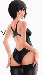 Rule 34 | 1girl, amagami, ass, black hair, blush, breasts, brown eyes, competition swimsuit, expressionless, highres, looking at viewer, looking back, medium breasts, nanasaki ai, one-piece swimsuit, pantyhose, short hair, signature, solo, sweatdrop, swimsuit, undressing, white background, yoo tenchi