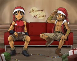Rule 34 | 2boys, black eyes, black hair, blonde hair, boots, bow, box, christmas, christmas lights, couch, gift, gift box, hat, lights, male focus, merry christmas, multiple boys, muscular, open clothes, open shirt, red upholstery, santa hat, scar, shirt, shorts, sitting, skin tight, sleeveless, spread legs, torakichi (ebitendon)