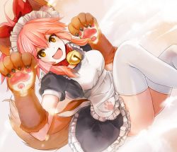 Rule 34 | 1girl, 241 (nishiki), animal ears, animal hands, apron, bad id, bad pixiv id, bell, breasts, collar, fate/grand order, fate (series), fox ears, fox tail, hair ribbon, large breasts, long hair, looking at viewer, maid, maid apron, maid headdress, neck bell, open mouth, pink hair, ribbon, solo, tail, tamamo (fate), tamamo cat (fate), tamamo cat (second ascension) (fate), tamamo no mae (fate/extra), thighhighs, yellow eyes