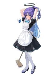 Rule 34 | 1girl, absurdres, adjusting hair, alternate costume, apron, black dress, blue archive, blush, dress, drone, enmaided, frilled apron, frills, full body, gloves, half updo, halo, highres, long hair, looking at viewer, maid, maid apron, mop, pantyhose, petticoat, ponytail, simple background, smile, solo, very long hair, white apron, white background, white gloves, white pantyhose, yarn (yarn 03), yuuka (blue archive)