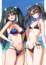 Rule 34 | 2girls, absurdres, aqua eyes, bare arms, bare shoulders, beach, bikini, black hair, blush, breasts, brown eyes, brown hair, closed mouth, day, hand on own hip, hands on own hips, highres, isuzu (kancolle), kantai collection, long hair, looking at viewer, medium breasts, multiple girls, ocean, open mouth, outdoors, scan, serious, side-tie bikini bottom, simple background, small breasts, smile, swimsuit, takanashi kei (hitsujikan), thighs, twintails, water, zuikaku (kancolle)