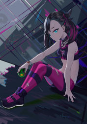 Rule 34 | 1girl, against wall, asymmetrical bangs, black choker, black hair, breasts, choker, creatures (company), crop top, dusk ball, dynamax band, earrings, from side, game freak, graffiti, green eyes, hair ribbon, highres, holding, holding poke ball, jewelry, knees up, looking at viewer, maidnyan, marnie (pokemon), midriff, navel, nintendo, pants, pendant choker, poke ball, pokemon, pokemon swsh, red ribbon, ribbon, signature, sitting, small breasts, solo, sports bra, stud earrings, torn clothes, torn pants, twintails, two side up