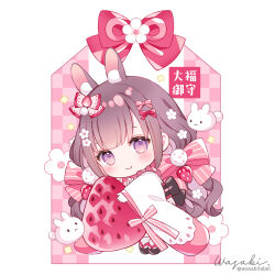 Rule 34 | 1girl, animal, animal ear fluff, animal ears, black footwear, black hair, blush, bow, checkered background, chinese zodiac, closed mouth, food, fruit, hair bow, holding, holding food, japanese clothes, kimono, long sleeves, looking at viewer, multicolored hair, original, pink bow, pink hair, purple eyes, rabbit, rabbit ears, sandals, signature, sleeves past wrists, smile, socks, solo, standing, strawberry, striped, striped bow, tabi, twitter username, two-tone hair, wasabi (sekai), white background, white kimono, white socks, wide sleeves, year of the rabbit, zouri