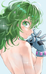 Rule 34 | 1girl, absurdres, blue gloves, boku no hero academia, breasts, closed mouth, fengling (furin-jp), gloves, green eyes, green hair, hagakure tooru, highres, long hair, medium breasts, messy hair, nude, smile, solo, thick eyelashes, unusually visible, upper body