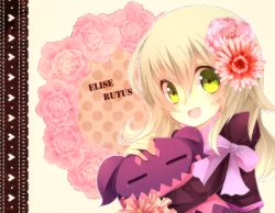 Rule 34 | 1girl, ajuvyrvosjfj, bad id, bad pixiv id, blonde hair, bow, character name, creature, doll, elize lutus, flower, frills, green eyes, hair flower, hair ornament, hug, lace, long hair, pink flower, pink rose, ribbon, rose, smile, tales of (series), tales of xillia, teepo (tales)