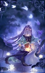 Rule 34 | 1girl, absurdres, asymmetrical sleeves, baiwangzi tan 77, bug, butterfly, dark background, floating, floating object, glowing butterfly, glowing flower, hair ornament, highres, insect, light, long hair, looking at viewer, night, purple hair, qinshi mingyue, shao siming (qin shi ming yue), solo, veil