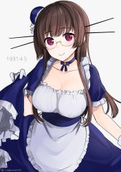 Rule 34 | 1girl, alternate costume, apron, breasts, brown hair, choukai (kancolle), dated, dress, frills, glasses, gloves, hair ornament, hat, headgear, highres, kantai collection, large breasts, long dress, long hair, looking at viewer, maid, maid apron, mini hat, one-hour drawing challenge, red eyes, rimless eyewear, solo, white gloves, yunamaro