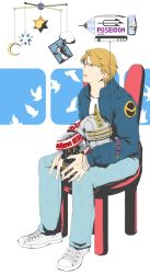 Rule 34 | 10s, 1boy, aircraft, bad id, bad pixiv id, blonde hair, blue eyes, blue jacket, bomber jacket, chair, denim, dirigible, helmet, jacket, jeans, keith goodman, male focus, mobile, neshichi, pants, shoes, short hair, sitting, sky high (tiger &amp; bunny), sneakers, snow globe, tiger &amp; bunny