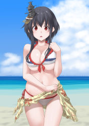 Rule 34 | 1girl, bikini, black hair, blue sky, breasts, cleavage, cloud, commentary request, commission, covered erect nipples, cowboy shot, day, frilled bikini, frills, hair ornament, highres, horizon, kantai collection, large breasts, looking at viewer, ocean, open mouth, outdoors, pixiv commission, red eyes, sarong, see-through, short hair, short hair with long locks, side-tie bikini bottom, sky, solo, swimsuit, t2r, thigh gap, white bikini, yamashiro (kancolle), yellow sarong