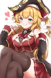 Rule 34 | absurdres, akai haato, ascot, black coat, black hat, black leotard, black thighhighs, blonde hair, blue eyes, breasts, brooch, cleavage, coat, cosplay, cropped jacket, gloves, hair ornament, hair ribbon, hat, heart, highres, hololive, houshou marine, houshou marine (1st costume), houshou marine (cosplay), jacket, jewelry, large breasts, leotard, long hair, miniskirt, multicolored coat, pirate hat, pleated skirt, red ascot, red coat, red jacket, red ribbon, red skirt, ribbon, rinkaa (lovelive765pro2), see-through, see-through cleavage, skirt, sleeveless, sleeveless jacket, smile, solo, thighhighs, twintails, two-tone coat, virtual youtuber, white gloves