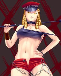 Rule 34 | 1girl, blonde hair, breasts, capcom, cleavage, collar, cosplay, crop top, cuffs, final fight, hand on own hip, handcuffs, hat, kanzuki karin, large breasts, long hair, midriff, no panties, off shoulder, open fly, peaked cap, poison (final fight), poison (final fight) (cosplay), red shorts, riding crop, ringlets, ryourou (edexigerero), shorts, solo, strap slip, street fighter, street fighter zero (series), unzipped, yellow eyes