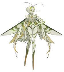 Rule 34 | 1girl, antennae, arthropod girl, arthropod limbs, carapace, closed mouth, colored sclera, colored skin, full body, green pupils, green sclera, green skin, hand on own hip, highres, horns, insect wings, looking at viewer, mantis girl, monster girl, multicolored skin, no feet, original, ruteko (ruko220), short hair, simple background, solo, standing, twitter username, white background, white hair, white skin, wings, yellow eyes, yellow skin