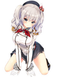 Rule 34 | 10s, 1girl, all fours, blush, breasts, epaulettes, female focus, gloves, hat, kantai collection, kashima (kancolle), kino (kino konomi), kneeling, large breasts, long hair, long sleeves, looking at viewer, military, military uniform, miniskirt, pleated skirt, grey eyes, silver hair, simple background, skirt, smile, solo, twintails, uniform, white background, white gloves
