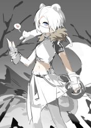 Rule 34 | 1girl, animal, animal ears, arknights, auuuie, bare tree, blue eyes, crop top, ermine, feet out of frame, fur-trimmed shirt, fur trim, fuuma shuriken, gloves, grey background, heart, holding, holding shuriken, holding weapon, mask, midriff, mouth mask, navel, official alternate costume, oversized object, pantyhose, shirayuki (arknights), shirayuki (wind of breaking blade) (arknights), shirt, short hair, shuriken, sketch, sketch background, skirt, solo, spoken heart, stoat girl, tail, tree, unfinished, weapon, weasel, weasel ears, weasel tail, white gloves, white hair, white mask, white pantyhose, white shirt, white skirt