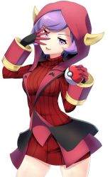 Rule 34 | 1girl, breasts, courtney (pokemon), courtney (pokemon oras), cowboy shot, creatures (company), dress, fake horns, female focus, game freak, giseinina112, gloves, hands up, happy, highres, holding, holding poke ball, hood, horns, jpeg artifacts, long sleeves, looking at viewer, matching hair/eyes, medium breasts, nintendo, open mouth, poke ball, poke ball (basic), pokemon, pokemon oras, purple eyes, purple hair, red dress, short dress, short hair, simple background, smile, solo, standing, white background