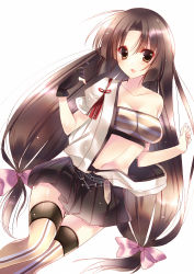 Rule 34 | 10s, 1girl, :d, amane ruri, bandeau, bare shoulders, black skirt, blush, bow, breasts, brown eyes, brown hair, brown thighhighs, cleavage, collarbone, fingerless gloves, gloves, hair bow, highres, kantai collection, long hair, low-tied long hair, midriff, navel, open clothes, open mouth, open shirt, parted lips, pink bow, shirt, shouhou (kancolle), simple background, skirt, smile, striped clothes, striped thighhighs, thighhighs, type (artist), vertical-striped clothes, vertical-striped thighhighs, very long hair, white background, zettai ryouiki