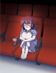 Rule 34 | 1girl, barefoot, blue eyes, feet, feet on chair, full body, glasses, hair ornament, hairclip, hood, hoodie, movie theater, no mouth, red hair, short hair, short shorts, shorts, sitting, solo, toes