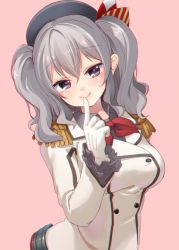 Rule 34 | 10s, 1girl, blush, breasts, ebiebiebio, epaulettes, female focus, finger to mouth, gloves, grey eyes, grey hair, hat, heart, heart-shaped pupils, highres, kantai collection, kashima (kancolle), large breasts, looking at viewer, pink background, short hair, simple background, smile, solo, symbol-shaped pupils, twintails, white gloves