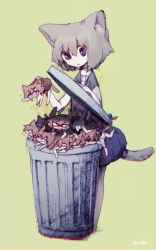 Rule 34 | 6+girls, angry, animal ears, anry (rmrnmrm), black eyes, blank eyes, blush, brown hair, bubble skirt, cat ears, cat girl, cat tail, clone, commentary request, crying, full body, gloom (expression), grey hair, grey shirt, in trash can, looking down, mini person, minigirl, multiple girls, original, pile, purple skirt, sad, shirt, short hair, short sleeves, signature, simple background, skirt, standing, tail, throwing away, too many, v-shaped eyes, wavy mouth, wide oval eyes, yellow background