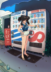 Rule 34 | 1girl, absurdres, aheahead, black hair, can, centos, cigarette, female focus, hand on own hip, highres, indie virtual youtuber, looking at viewer, official art, outdoors, ponytail, sandals, short shorts, shorts, sidelocks, sign, solo, standing, vending machine, virtual youtuber, white shorts