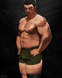 Rule 34 | 1boy, abs, bara, black hair, blood, blood on face, bruise, bulge, dark-skinned male, dark skin, dolphin shorts, facial hair, feet out of frame, goatee, green shorts, hands on own hips, highres, injury, knee pads, large pectorals, leg hair, long sideburns, looking at viewer, male focus, muscular, muscular male, mustache, navel, navel hair, nipples, odol illust, open mouth, original, pectorals, short hair, shorts, sideburns, skindentation, solo, stomach, tan, tanline, thick eyebrows, veins, veiny arms