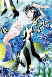 Rule 34 | 1girl, absurdres, air bubble, arm grab, arms up, black hair, blue eyes, blurry, blurry foreground, bright pupils, bubble, coral, depth of field, fish, fishnets, frilled panties, frills, highres, kane mune, lips, looking at viewer, mermaid, monster girl, navel, no pants, open mouth, original, panties, pantyhose, shirt, short hair, short sleeves, side-tie panties, solo, string panties, submerged, swept bangs, t-shirt, underwear, white pupils, white shirt