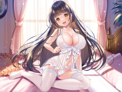 Rule 34 | 1girl, :d, absurdres, babydoll, bed, bed sheet, black hair, blush, breasts, brown eyes, cleavage, collarbone, curtains, cushion, feet, garter belt, highres, index finger raised, koyama sao, large breasts, lingerie, long hair, looking at viewer, navel, non-web source, on bed, open mouth, original, panties, pillow, see-through, sitting, smile, solo, thighhighs, toes, underwear, very long hair, white babydoll, white panties, white thighhighs, window