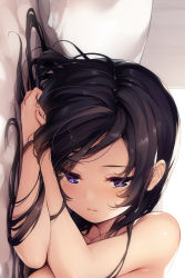 Rule 34 | 1girl, armpits, bed, bed sheet, belly, black hair, blue eyes, blush, closed mouth, collarbone, commentary request, hands on own head, head on hand, long hair, looking down, lying, mizusawa suzuka, nude, on bed, on side, original, pillow, senji (tegone spike), shiny skin, solo, window