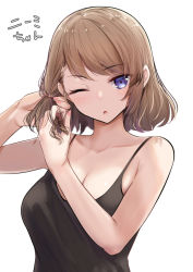 Rule 34 | 1girl, :o, azur lane, bare shoulders, black shirt, blue eyes, blush, breasts, brown hair, camisole, casual, cleavage, collarbone, hands in hair, hands up, large breasts, looking at viewer, medium hair, nail polish, one eye closed, pink nails, schreibe shura, shirt, simple background, solo, swept bangs, tying hair, upper body, white background, z23 (azur lane)