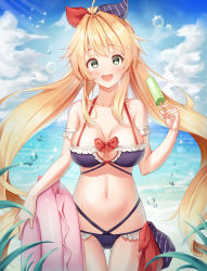 Rule 34 | 1girl, :d, absurdres, ahoge, air bubble, arm strap, azur lane, bare shoulders, beach, bikini, blonde hair, blue sky, blush, bow, breasts, bubble, choker, cleavage, cleavage cutout, clothing cutout, cloud, collarbone, commentary, cowboy shot, cross, cross choker, cross earrings, day, drill hair, earrings, food, frilled bikini, frills, glint, gluteal fold, green eyes, hair between eyes, hair bow, hair intakes, hand up, head tilt, highres, holding, holding food, holding swim ring, innertube, jewelry, large breasts, le temeraire (azur lane), le temeraire (summery temeraire!) (azur lane), leaf, light rays, long hair, looking at viewer, low twintails, midriff, multi-strapped bikini, navel, ocean, open mouth, popsicle, purple bikini, red bow, sayu (mini 2704), sidelocks, skindentation, sky, smile, solo, standing, striped, sunbeam, sunlight, swim ring, swimsuit, teeth, thigh gap, twin drills, twintails, upper teeth only, very long hair, wet