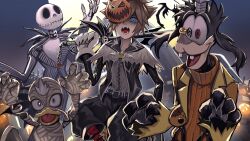 Rule 34 | 4boys, black jacket, black shorts, blue eyes, brown hair, claw pose, claws, donald duck, formal, full moon, gloves, goofy, hair over one eye, highres, jack skellington, jacket, keiseki1, keyblade, kingdom hearts, male focus, mask over one eye, moon, multiple boys, mummy costume, official alternate costume, open mouth, orange sweater, over shoulder, pinstripe pattern, pinstripe suit, pumpkin mask, sharp teeth, short hair, shorts, skeleton, spiked hair, suit, sweater, teeth, the nightmare before christmas, torn clothes, turtleneck, turtleneck sweater, weapon, weapon over shoulder, white gloves